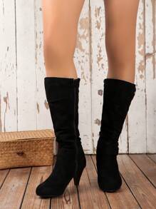 女式中筒靴搭配连衣裙、粗跟、复古风格、修身版型、英式靴子、冬季、毛绒高跟靴、2024 年新品、搭配毛衣 - 黑色 - 查看 2