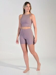 SHORTS + CROPPED TOP SET IN OPAQUE RIBBED FABRIC - 紫色 - 查看 1