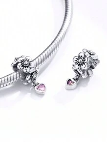 WOSTU 1颗925纯银复古氧化向日葵、雏菊、郁金香吊坠珠，搭配镀铑小花圆形扣环，适合女性和女孩佩戴，精致饰品，可用于DIY手链和项链，生日/情人节礼物 - 銀色 - 查看 2