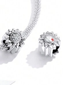 WOSTU 1颗925纯银复古氧化向日葵、雏菊、郁金香吊坠珠，搭配镀铑小花圆形扣环，适合女性和女孩佩戴，精致饰品，可用于DIY手链和项链，生日/情人节礼物 - 銀色 - 查看 6