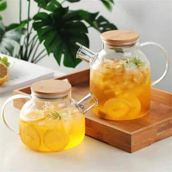 1 件耐热玻璃茶壶带竹盖，用于泡茶、柠檬水、冷水、花茶、圣诞节、装饰，适用于户外、露营