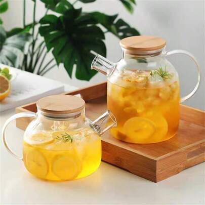 1 szt. Żaroodporny szklany dzbanek do herbaty z pokrywką bambusową do parzenia herbaty, lemoniady, zimnej wody, herbaty kwiatowej, świąt Bożego Narodzenia, dekoracji, na zewnątrz, na kemping
