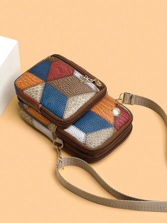 色彩對比格紋裝飾波西米亞風格多口袋布質單肩包，適用於女性日常使用，可作手機肩包或斜跨包