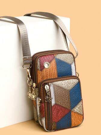 Color-Contrasting Plaid Decoration Bohemian Style Fabric Crossbody Bag With Multiple Pockets, Suitable For Women's Daily Use As Shoulder Phone Bag Or Crossbody Bag , Bohemian Outfit For Women