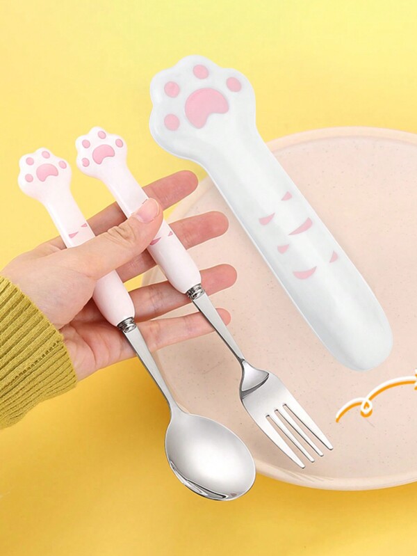 2pcs Paw Decor Cutlery Set & 1pc Storage Box, Cartoon Cute Spoon And Fork For Dining ,Kitchen,Christmas Gift,School Supplies