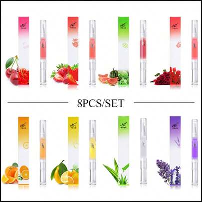 8件套指甲营养油、角质层护理油、营养笔、死皮去除剂及指甲护理工具套装，包含指甲角质层护理油、营养笔、指甲生长护理油、指甲活化油笔、美甲套装、指甲用品等。