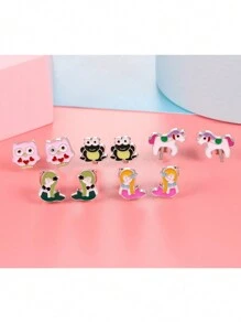 6 paires Boucles d'oreilles à clip sans piercing pour filles avec les oreilles non percées, boucles d'oreilles hypoallergéniques en acier inoxydable cœur coloré, fleur, papillon et arc-en-ciel, ensemble de boucles d'oreilles à pierres CZ