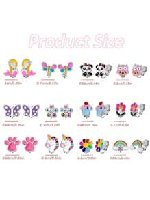 6 paires Boucles d'oreilles à clip sans piercing pour filles avec les oreilles non percées, boucles d'oreilles hypoallergéniques en acier inoxydable cœur coloré, fleur, papillon et arc-en-ciel, ensemble de boucles d'oreilles à pierres CZ