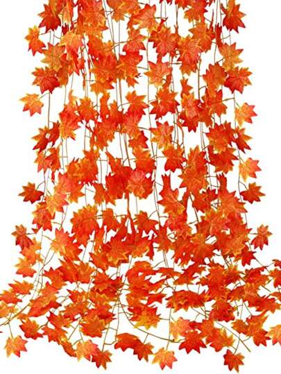 12 Packs Or 1Pc/Pack Fall Leaf Garland, About 230cm/90.6in Orange Artificial Vine Plastic Maple Leaf, Hanging Vines Garland Artificial Fall Maple Leaves Garland Thanksgiving For Home Wedding Fireplace Party Arch Decor, Room Decor, Garden Kitchen Decor, Fall Party Decor, Festivals Decor, Harvest Table Centerpieces Decor (Slight Odor Does Not Affect Use) Home Decor Christmas Decorations Christmas