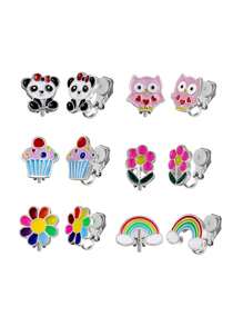 6 paires Boucles d'oreilles à clip sans piercing pour filles avec les oreilles non percées, boucles d'oreilles hypoallergéniques en acier inoxydable cœur coloré, fleur, papillon et arc-en-ciel, ensemble de boucles d'oreilles à pierres CZ