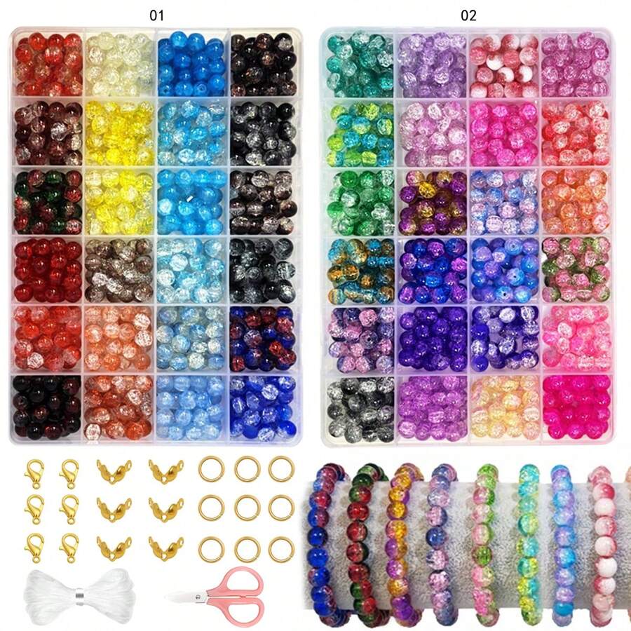 360pcs/720pcs 8mm Bicolor Crackle Glass Beads Jewelry Making Kit, Including Scissors And Elastic Cord, Suitable For DIY Bracelet Necklace Crafts Gifts