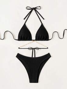 Denim Effect Bikini Set With Shell Decoration Summer