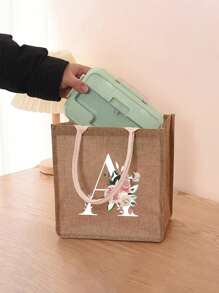 Mini Floral & Letter Print Linen Tote Bag, Women's Fashion Shopping Bag/Handbag/Grocery Bag, Teacher's Portable Tote Bag, Ideal Shopping Tote/Lunch Bag - Khaki - View 3