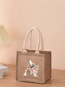 Mini Floral & Letter Print Linen Tote Bag, Women's Fashion Shopping Bag/Handbag/Grocery Bag, Teacher's Portable Tote Bag, Ideal Shopping Tote/Lunch Bag - Khaki - View 2