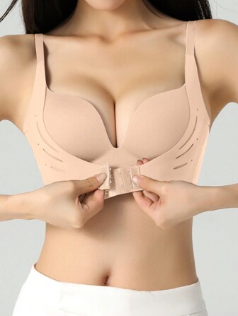 Khaki Women Front Closure Wireless Push Up Padded Bra For Small Bust