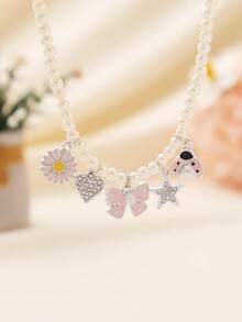 1入公主風格Y2K Dopamine時尚手工珠串水滴形鑲鉆假珍珠蝴蝶結吊墜項鍊，女士尺寸可調，附星星、甲蟲、向日葵，適用於假期、禮物、派對、休閒日常穿著 - 向日葵蝴蝶結甲蟲 - 查看 1