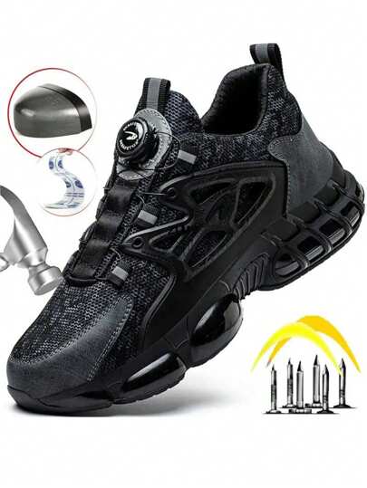 Rotating Buckle Work Shoes, Unisex Anti-Smash Steel Toe Sports Shoes, Comfortable Air Cushion Work Shoes, Men's Breathable Anti-Puncture Work Boots