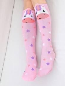 1雙兒童襪子，粉紫色甜美風格，卡通可愛小馬和多彩星星圖案，適合節日禮物/旅遊/搭配公主裝穿著 - 彩色 - 查看 2