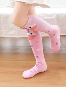 1雙兒童襪子，粉紫色甜美風格，卡通可愛小馬和多彩星星圖案，適合節日禮物/旅遊/搭配公主裝穿著 - 彩色 - 查看 4