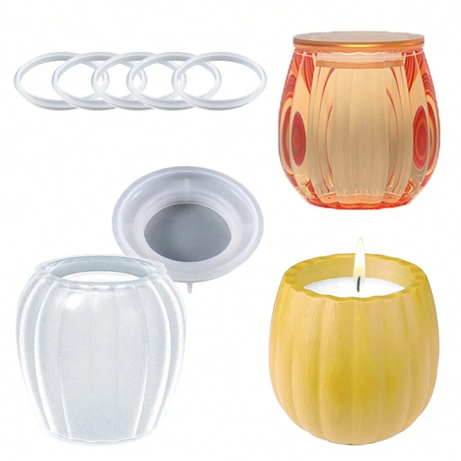 Candle Jar Molds, Pumpkin Silicone Concrete Molds With Lid And 5 Sealing Rings, Cement Mold For Candle Vessels For DIY Storing Bottles, Candle Holder, Jewelry Box - A - View 1
