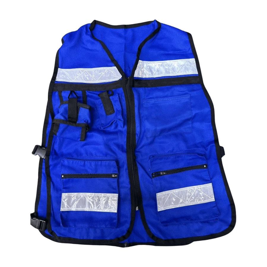 Chaleco de Seguridad Industrial Tipo Brigadista con Cinta Reflejante de Alta Visibilidad con Costados Abiertos para Ajustar a varias tallas. Disponible en 14 Colores. (Amarillo Fosforescente, Naranja, Negro, Azul Marino, Rojo, Vino, Azul Rey, Verde Manzana, Caqui, Verde Bandera, Gris, Rosa Mexicano, Rosa Claro, Amarillo Canario) - Azul Rey - Ver 1