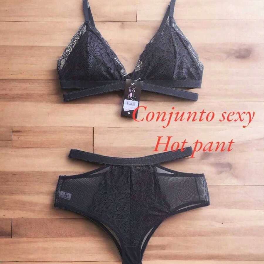Conjunto Sexy Hot Pant em Tule e Renda Conjunto de Lingerie Sexy