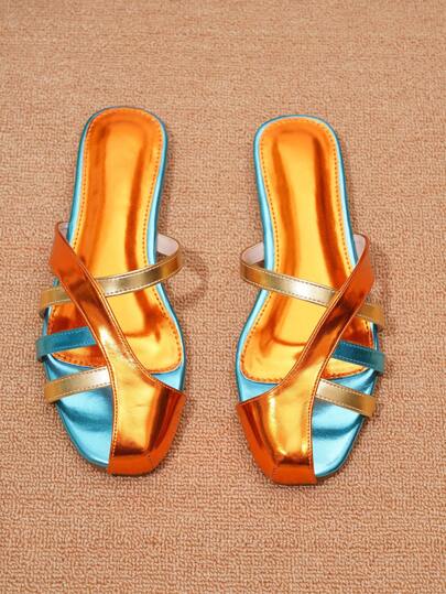 Women's Hollow Multicolor Blocks Outdoor Breathable Flat Anti-Slip Casual Shoes For Summer, Fashion Snake Skin Relief Square Toe Slip-On Sandals