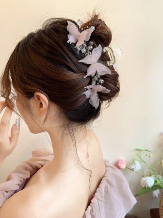 1 st superfin pärla och strassdekoration fjärilshårklämma, stor storlek för flätat hår, rosa färg, lämplig för dagligt bruk, vardagsbruk och fest, alla hjärtans dag hårklämmor, hårklämmor, hårklämma, hårfångare, höstvinter håraccessoarer för kvinnor, för semesterkläder kvinna