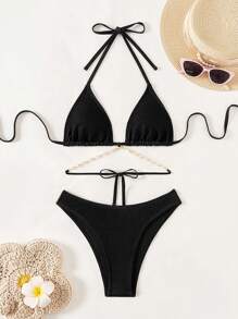 Denim Effect Bikini Set With Shell Decoration Summer