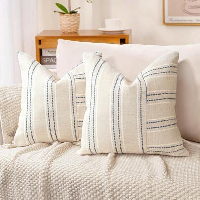 1pc Decorative Farmhouse Linen Throw Pillow Covers, Boho Textured Pillow Case, Beige With White & Gray Stripe Patchwork Cushion Cover For Sofa Couch Living Room (Cover ONLY)