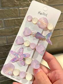 5pcs Cute Seashell Star Macaron Hair Clips, Sweet Princess Style Hairpins For Girls, Beach Photoshoot Accessories - Multicolor - View 8