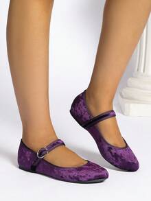2024 New Arrival Women's High-End Vintage Purple Suede Mary Jane Flat Shoes, Soft Sole, Simple Cross Strap Design, Suitable For Daily Commute, Parties And Outings - Purple - View 3