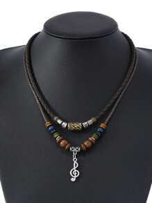 1 件波西米亚风格时尚个性化尖牙叶交叉音符吊坠 PU 皮革编织项链，适合男士日常佩戴 - 彩色 - 查看 8