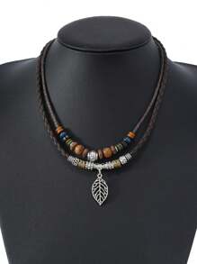 1 件波西米亚风格时尚个性化尖牙叶交叉音符吊坠 PU 皮革编织项链，适合男士日常佩戴 - 彩色 - 查看 7