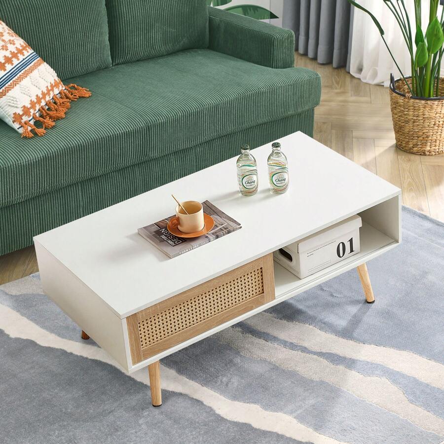 Rattan Coffee Table, 40.3" Mid Century Modern Coffee Table With Storage, Farmhouse Rectangle Wooden Accent Center Sofa Table With Rattan Sliding Door, For Living Room - 白色+白色金屬框 - 查看 1
