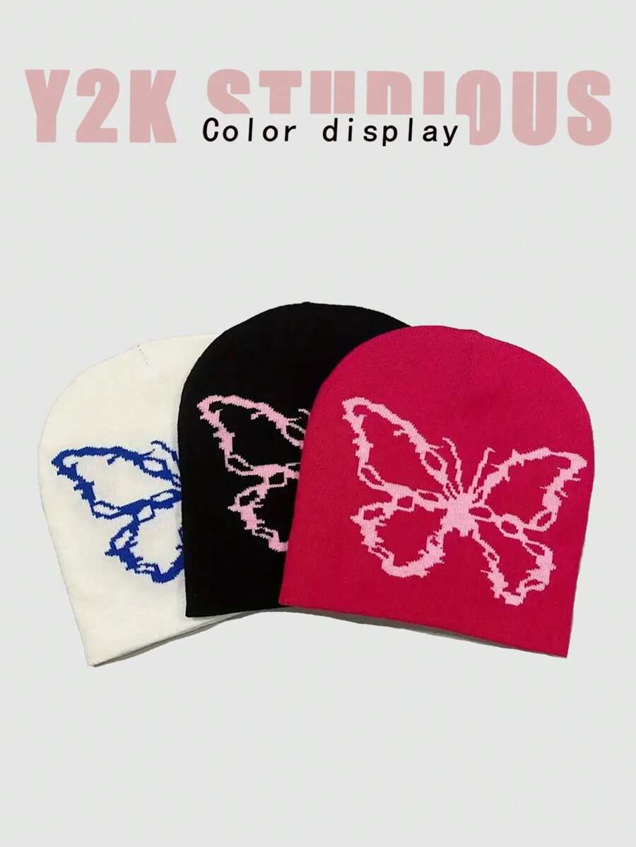1入Y2K風格男女適用織花透明網眼蝴蝶結針織帽，適合街頭派對、秋冬戶外活動，防風保暖