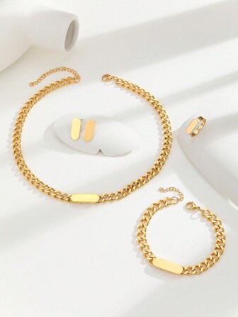 1 set de conjunto de joyas de collar, pulsera, aretes y anillo de acero inoxidable con baño de oro de 18K liso para mujeres
