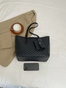 女士大容量手提包，大学生通勤包，单肩包 - 黑色 - 查看 10