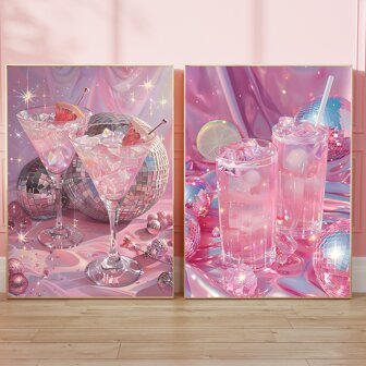 Juego de 2 carteles de bebidas de cócteles rosas con marco opcional, arte de pared de lienzo impermeable, pintura de arte moderno como regalo, decoración de habitación elegante, decoración de habitación rosa, sala de estar, dormitorio, comedor, baño, cafetería, bar, decoración de pared estética, decoración del hogar y la residencia