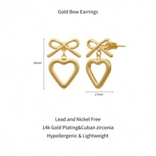 Tewiky Jewelry Summer Set 1Pcs Of Bow Heart Earrings For Women, Gold Bow Earrings Dainty Bow Ribbon Stud Earrings For Women - Cute Statement 14K Gold Plated Hypoallergenic Drop Bowknot Hoop Dangle Earrings Jewelry Gifts For Women