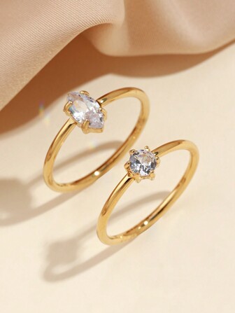 Conjunto de 2 anillos de acero inoxidable con estilo moderno y sencillo para mujeres dorados, redondos con circonita y piedras de cristal, adecuado para uso diario o regalo para mujeres