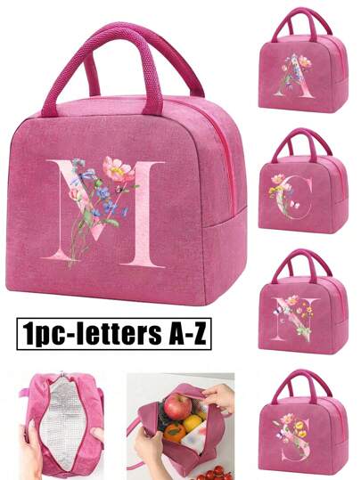 1个保温袋，保温午餐袋，男女童学校保冷袋，手提包，午餐盒，冰袋，野餐食品手提包，花卉字母图案午餐盒，帆布轻便便携午餐收纳袋，学校办公室野餐午餐手提包（粉色）