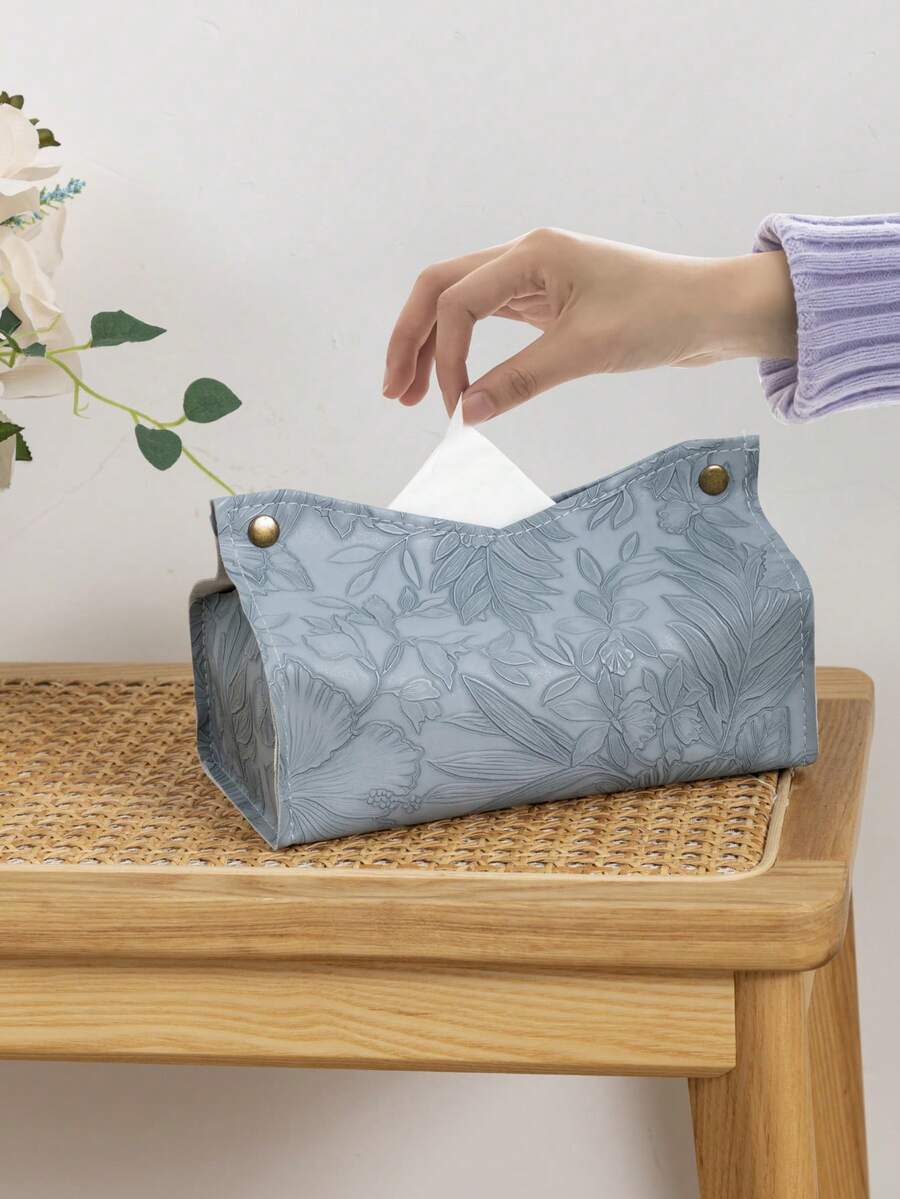 1pc Solid Color Floral Print Paper Towel Box, PU Leather Embossed V