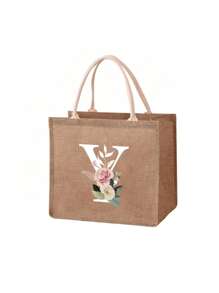 Mini Floral & Letter Print Linen Tote Bag, Women's Fashion Shopping Bag/Handbag/Grocery Bag, Teacher's Portable Tote Bag, Ideal Shopping Tote/Lunch Bag - Khaki - View 28