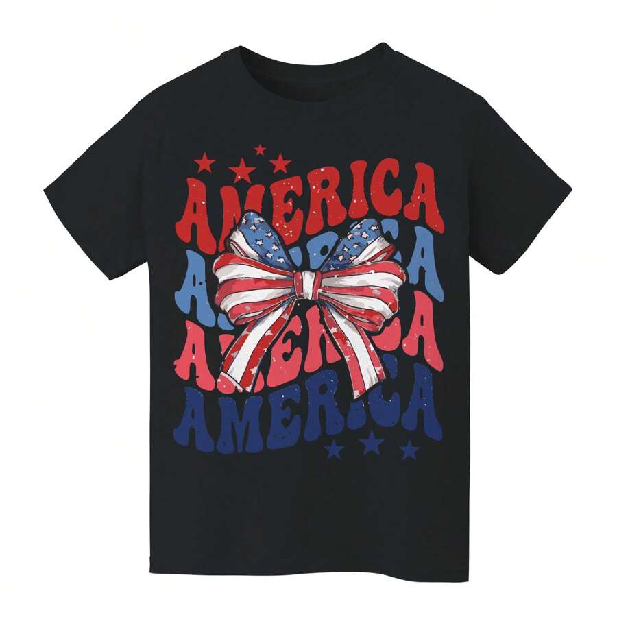 Nearly There America Repeat Ribbon Kids Tween Unisex Graphic Cotton Short-Sleeve T-Shirt - 黑色 - 查看 1