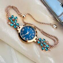 1pc Ladies' Blue Color Flower Petal Inlaid Rhinestone Pull-Out Chain Quartz Watch With Arabic Numerals And Elegant Dial As A Gift For Students Returning To School Valentines