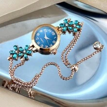 1pc Ladies' Blue Color Flower Petal Inlaid Rhinestone Pull-Out Chain Quartz Watch With Arabic Numerals And Elegant Dial As A Gift For Students Returning To School Valentines