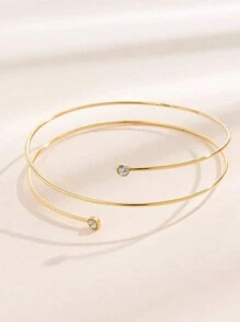 1pc Simple Metal Gemstone Double-Layer Spiral Diamond Set Bangle, Gold-Colored Opening Bangle For Couples, Party, Banquet, Dress Up, Armlet, Arm Bracelet, Perfect Gift For Girlfriends On Dates, Exquisite Jewelry - Golden - View 3