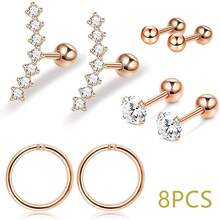 8 件/套简易穿孔套件，包括耳环、鼻环、唇环、舌环、螺旋耳环、螺丝球、钛钢、不锈钢耳环、铜方晶锆石镶嵌，适合男女的奢华珠宝礼物，时尚朋克、极简主义、派对、日常佩戴、睡觉时佩戴 - 8件套穿刺 - 查看 7