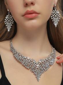 3pcs European And American Vintage Crystal Jewelry Set, Consisting Of Exaggerated Short Necklace And Earrings, Ideal For Evening Banquets, Court Style